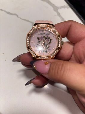 Ed Hardy Rose-Gold Crystal Floral Dial Pink Strap Watch